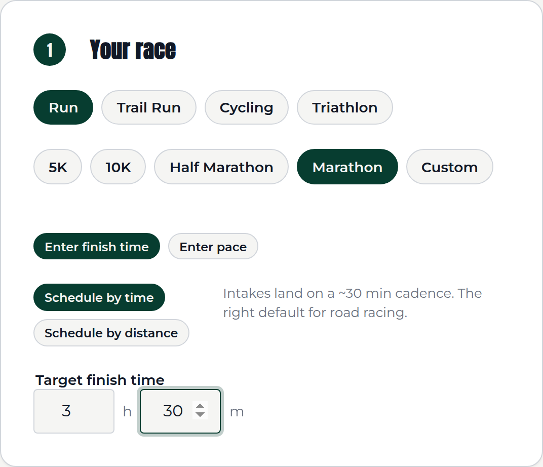 The planner's step-one 'Your race' card with Run selected, Marathon distance chosen, 'Enter finish time' mode active, 'Schedule by time' selected, and a target finish time of 3 hours 30 minutes.