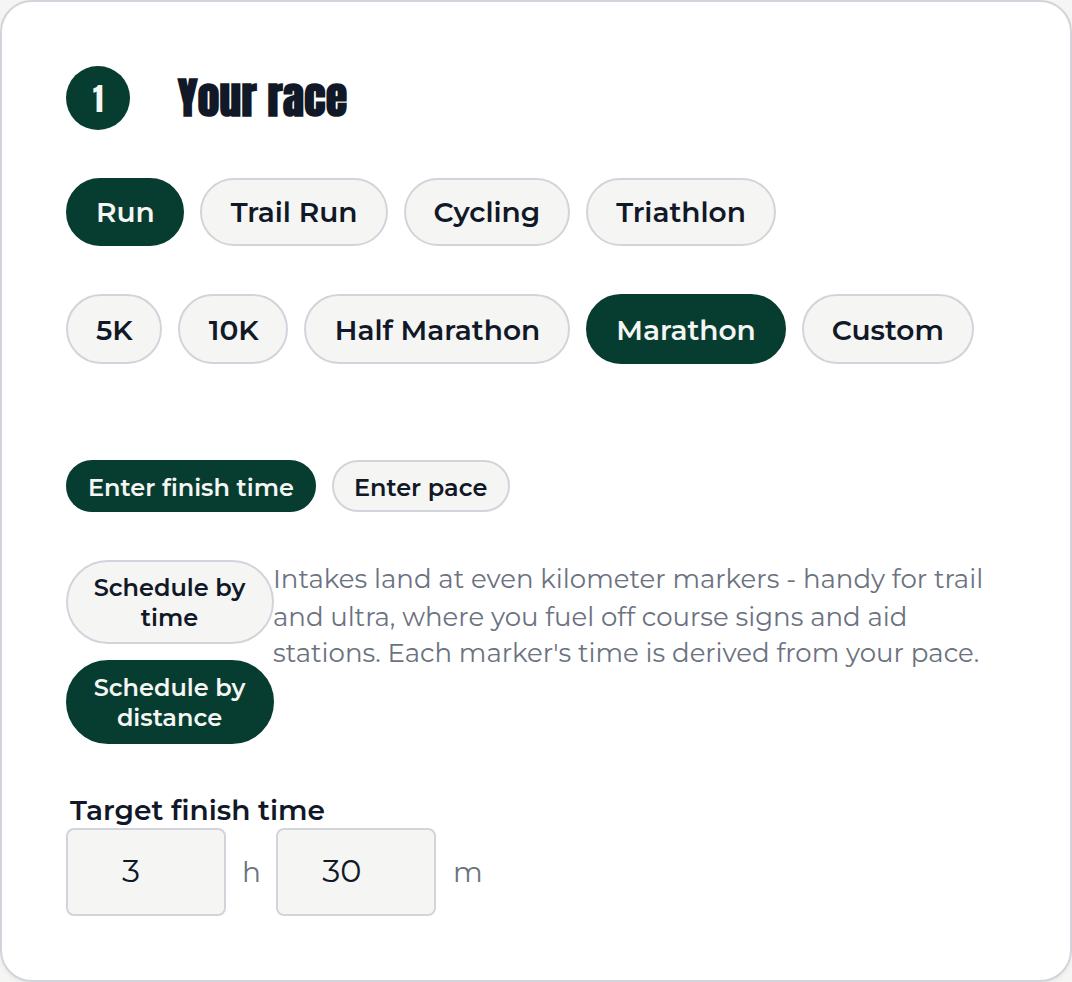 The same setup card with the 'Schedule by distance' toggle now selected, showing its hint text: intakes land at even kilometer markers, handy for trail and ultra where you fuel off course signs and aid stations, with each marker's time derived from your pace.